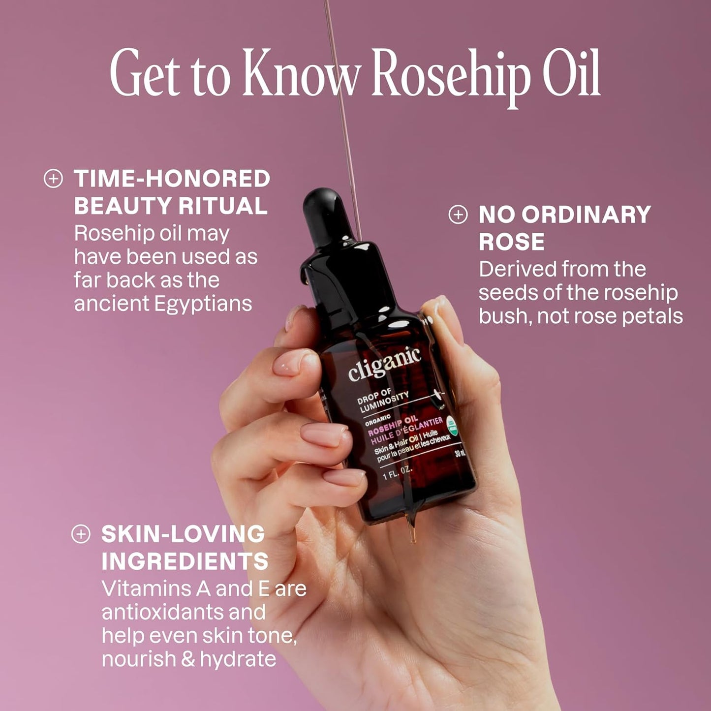 Organic Rosehip Seed Oil for Face, 100% Pure | Natural Cold Pressed Unrefined Non-Gmo | Carrier Oil for Skin, Hair & Nails