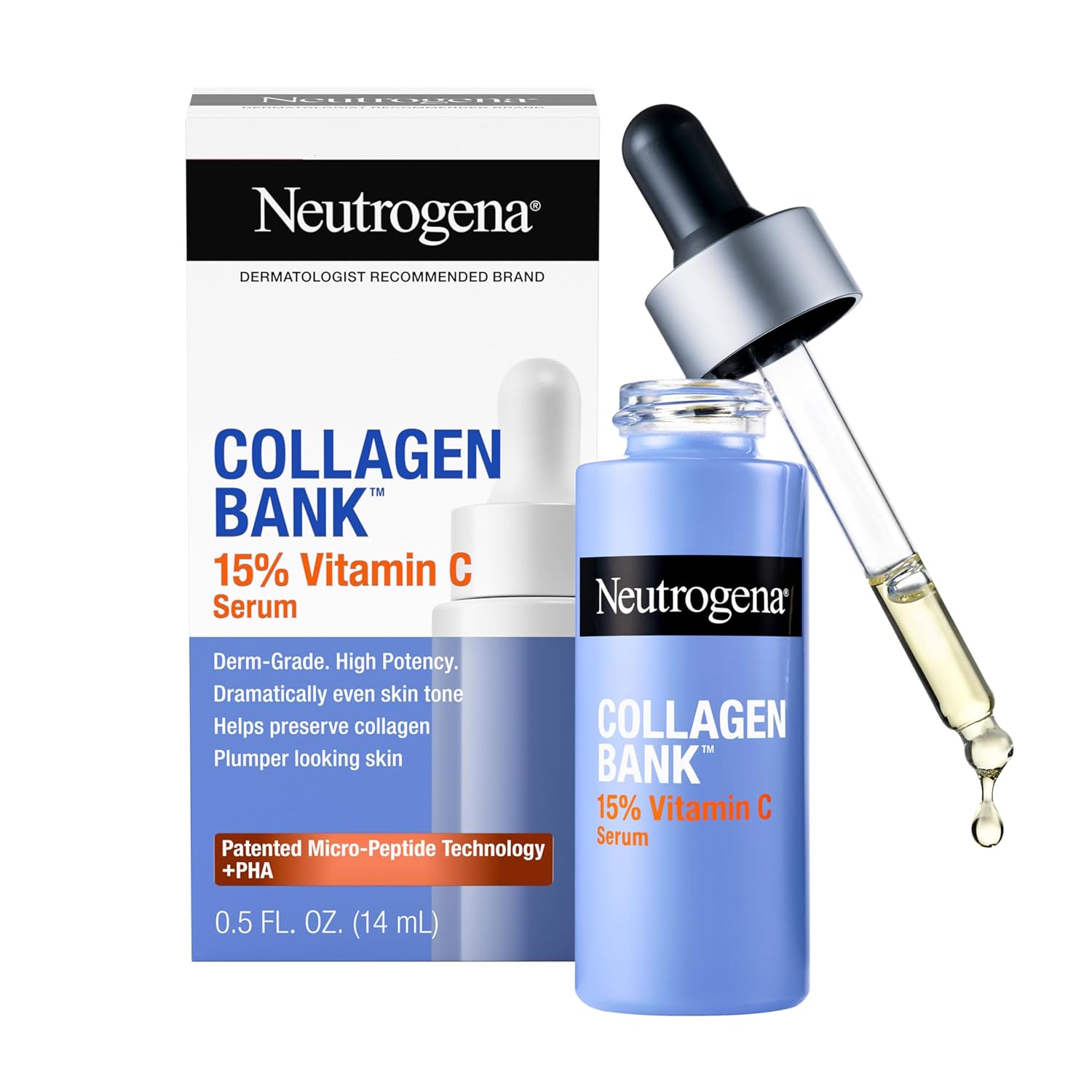Neutrogena Collagen Bank 15% Vitamin C Face Serum, Vitamin C Serum for Face Helps Build Collagen for Glowing, Plumper Looking Skin, Uneven Skin Tone Treatment, Fragrance Free, 0.5 Fl. Oz