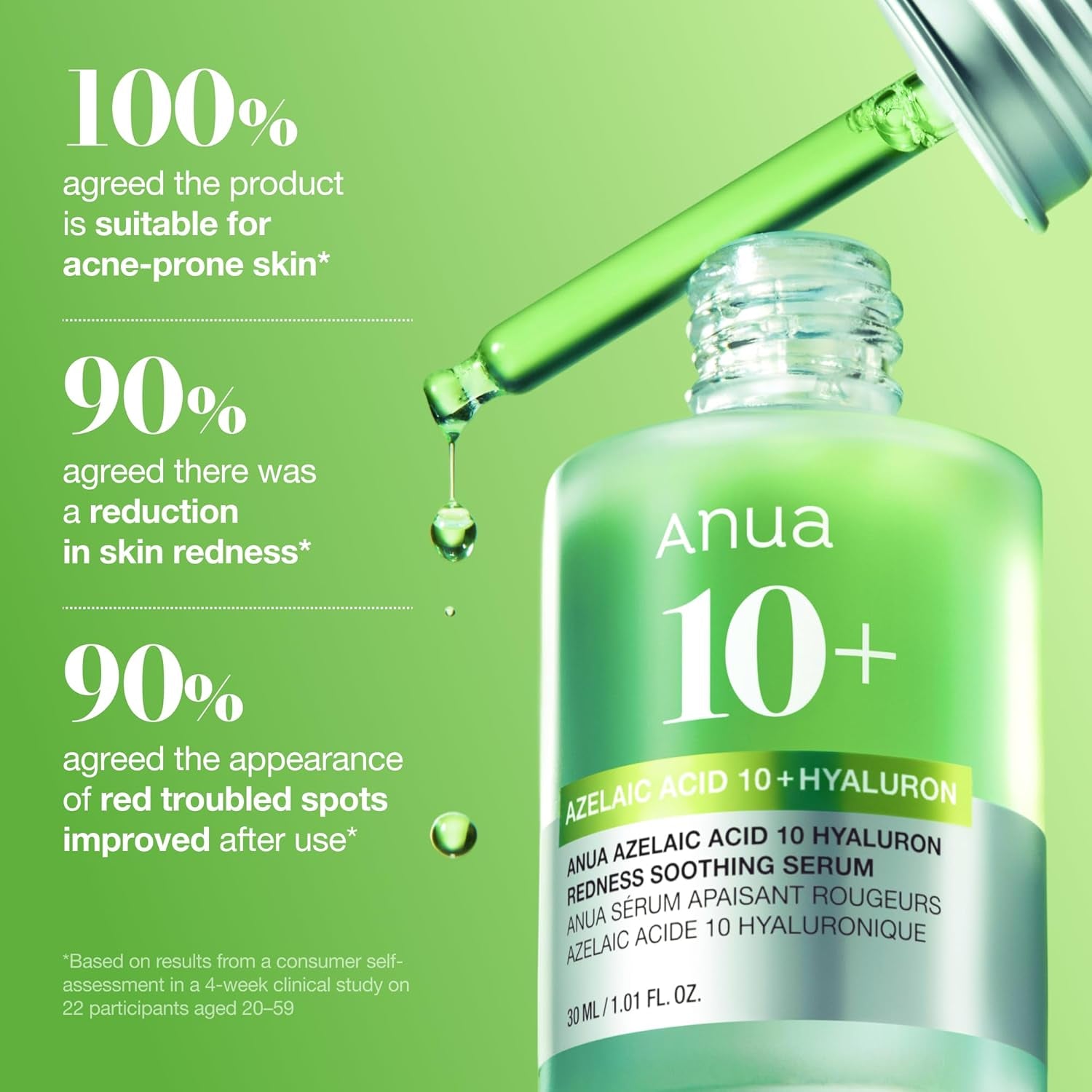 Azelaic Acid 10 Hyaluron Redness Soothing Serum, Facial Serum for Blemish-Prone & Oily-Prone Skin, Lightweight & Hydrating Blemish Care, Hyaluronic Acid, Korean Skincare, 1.01 Fl Oz.